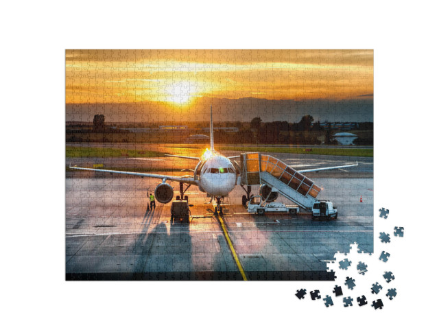 Passenger Airplane on Runway Near the Terminal in an Airp... Jigsaw Puzzle with 1000 pieces