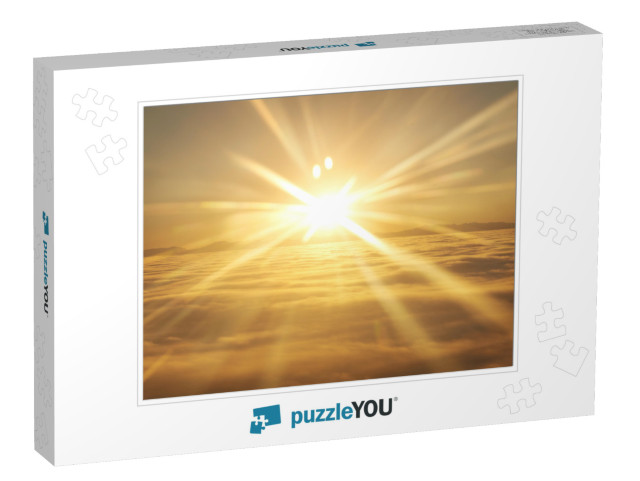 Amazing View from Plane on the Orange Sky, Sunset Sun & C... Jigsaw Puzzle