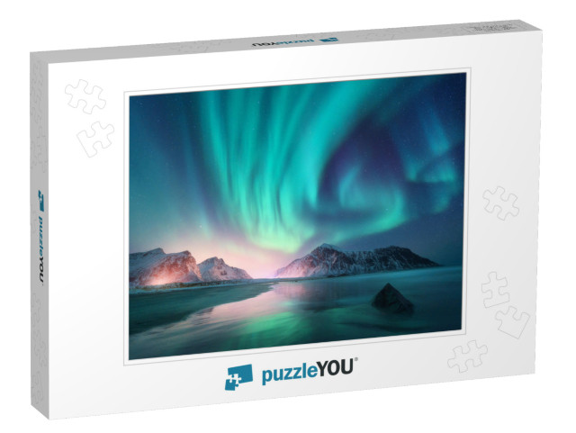 Aurora Borealis Over the Sea, Snowy Mountains & City Ligh... Jigsaw Puzzle
