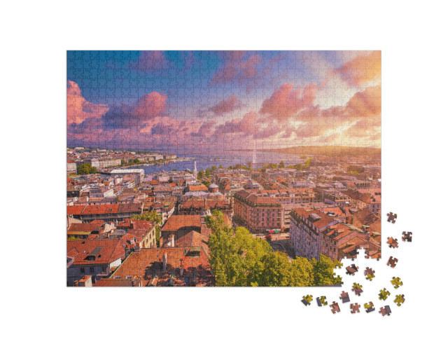 Amazing Dramatic Sky with Red Clouds of Sunset Over Genev... Jigsaw Puzzle with 1000 pieces