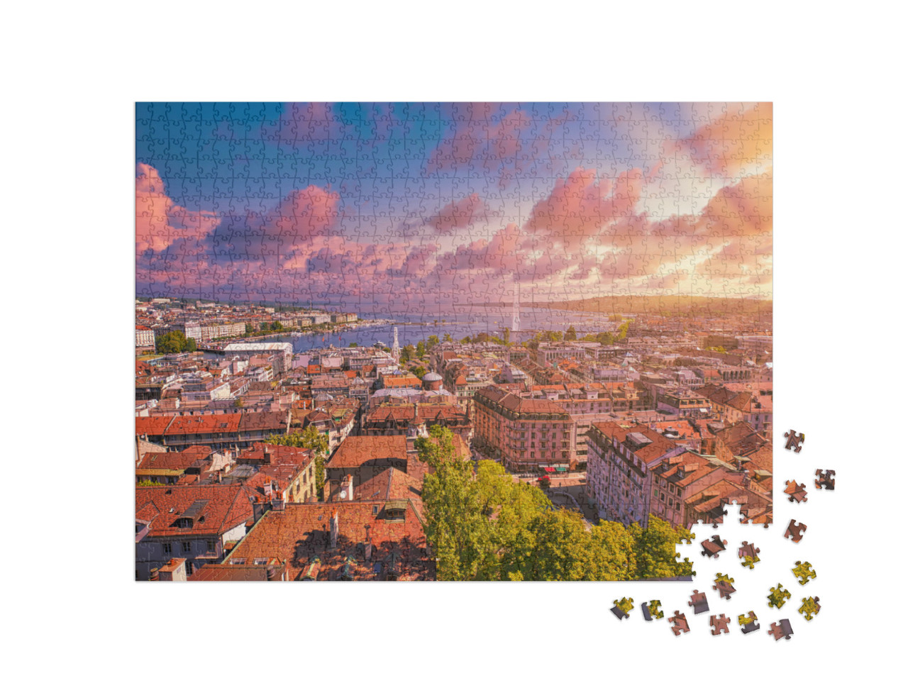 Amazing Dramatic Sky with Red Clouds of Sunset Over Genev... Jigsaw Puzzle with 1000 pieces