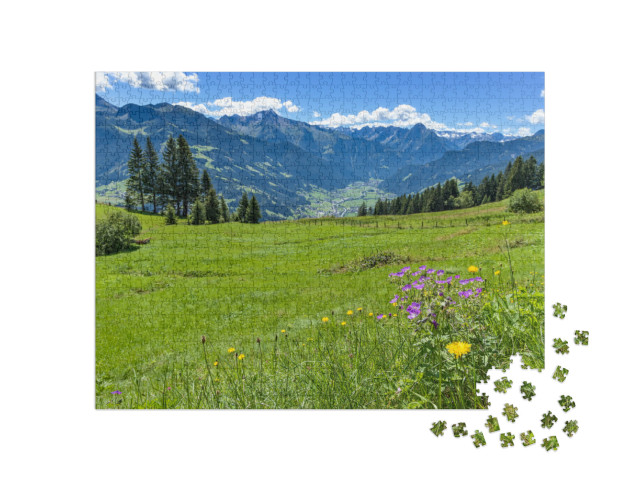 Alpine Mountain View with Bright Green Meadow in the Fore... Jigsaw Puzzle with 1000 pieces