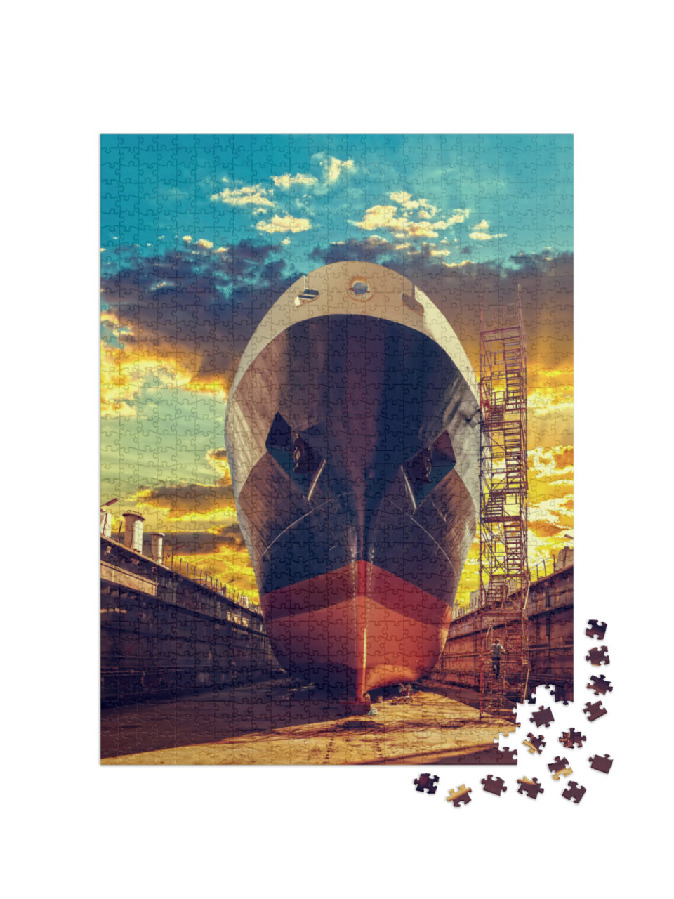 Ship in Dry Dock At Sunrise - Shipyard in Gdansk, Poland... Jigsaw Puzzle with 1000 pieces