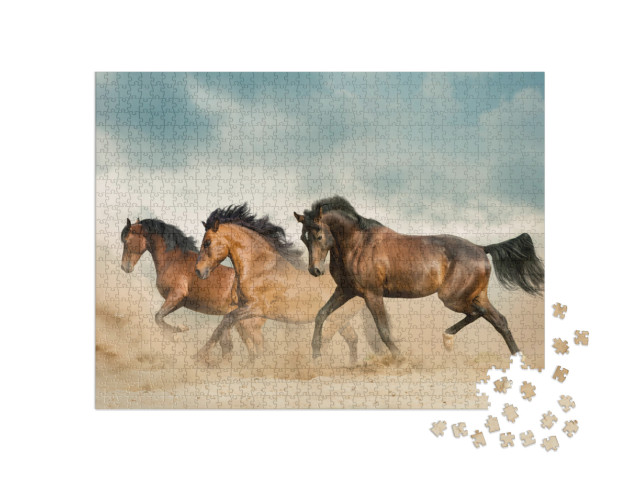 Beautiful Bay Horses Running in Desert on Freedom... Jigsaw Puzzle with 1000 pieces