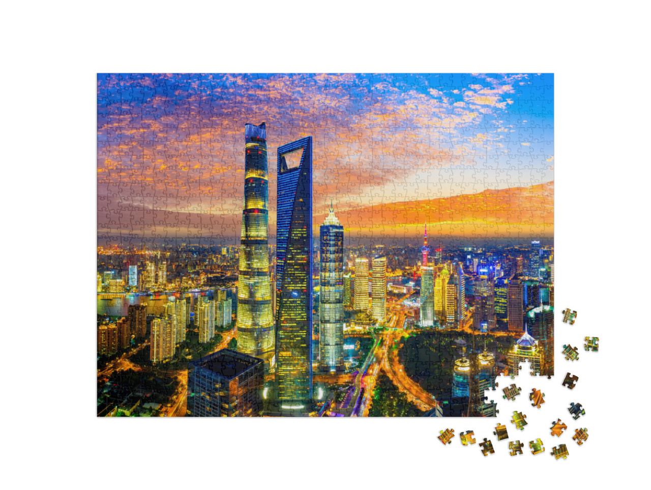 Aerial View of Shanghai Skyline & Cityscape At Night, Chi... Jigsaw Puzzle with 1000 pieces