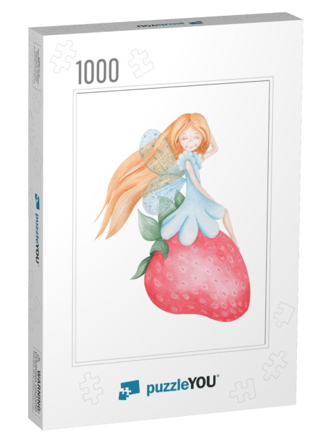 Watercolor Fairy on a Strawberry. Girl in a Blue... Jigsaw Puzzle with 1000 pieces