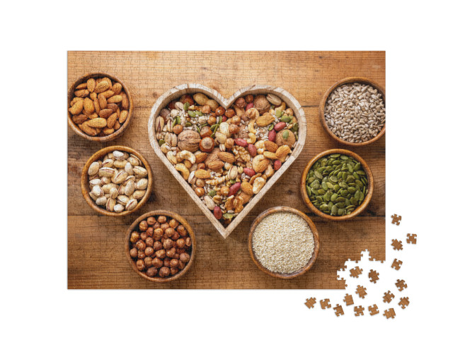 Heart Shaped Box & Small Bowls Full of Nuts & Seed on Rus... Jigsaw Puzzle with 1000 pieces