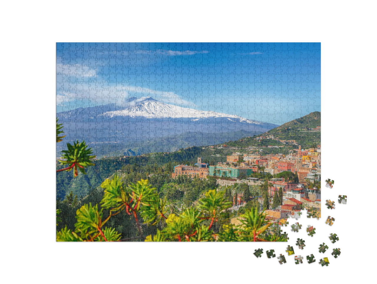 Etna Volcano & Taormina Town Aerial Panoramic View. Roofs... Jigsaw Puzzle with 1000 pieces