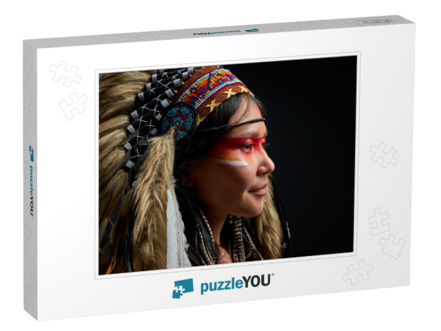 Woman in Traditional Feather Headdress and Accessories Jigsaw Puzzle