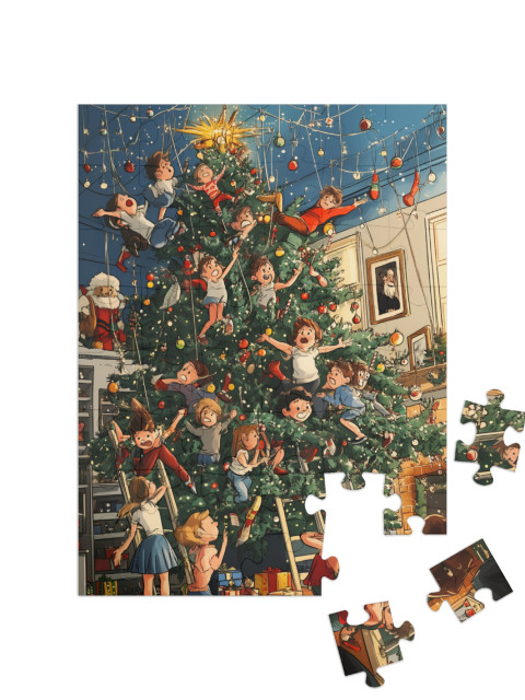 Crazy Christmas: Children Romp Around in the Christmas Tree Jigsaw Puzzle with 48 pieces