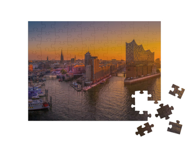 Sunrise in Hamburg with the Elbe Philharmonic Hall... Jigsaw Puzzle with 100 pieces