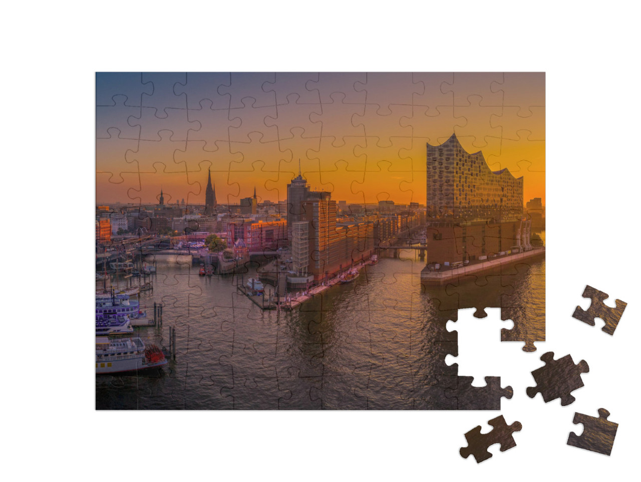 Sunrise in Hamburg with the Elbe Philharmonic Hall... Jigsaw Puzzle with 100 pieces