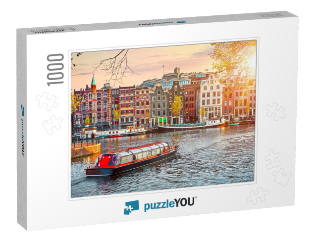 Channel in Amsterdam Netherlands Houses River Amstel Land... Jigsaw Puzzle with 1000 pieces