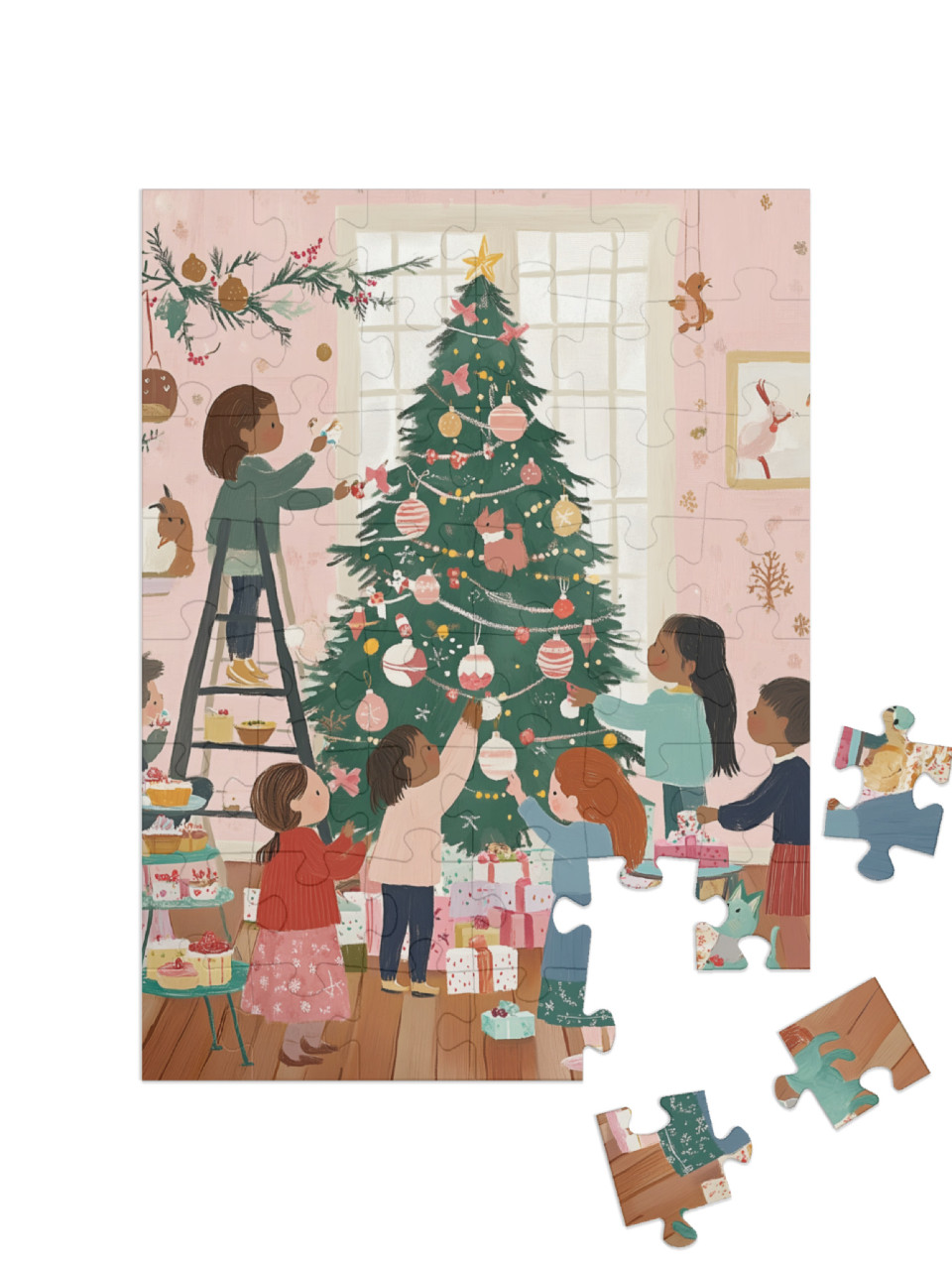 Children Decorate the Christmas Tree Together Jigsaw Puzzle with 48 pieces