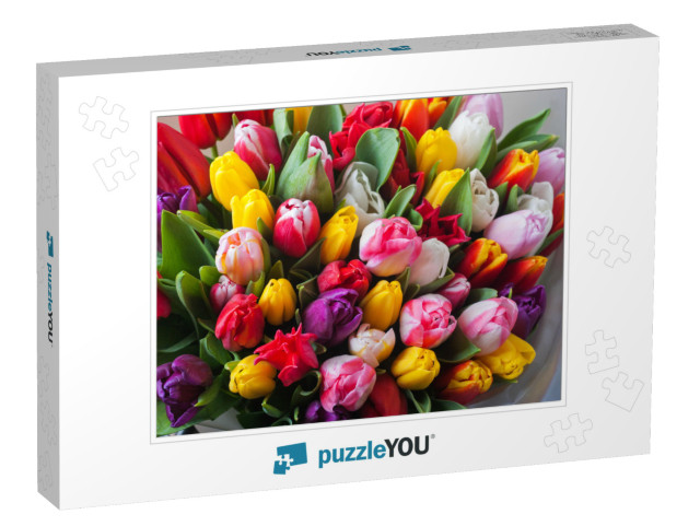Mix of Spring Tulips Flowers Near Grey Wall... Jigsaw Puzzle
