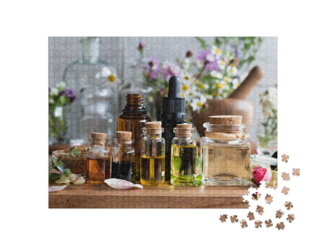 Selection of Essential Oils, with Herbs & Flowers in the... Jigsaw Puzzle with 1000 pieces