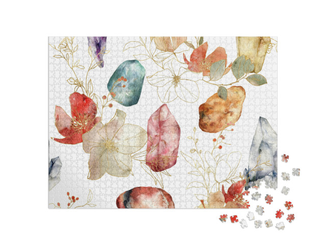 Watercolor Linear Seamless Pattern of Gemstones & Flowers... Jigsaw Puzzle with 1000 pieces