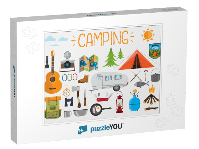 Camping Elements. Set of Camping Objects, Tent, Trailer... Jigsaw Puzzle