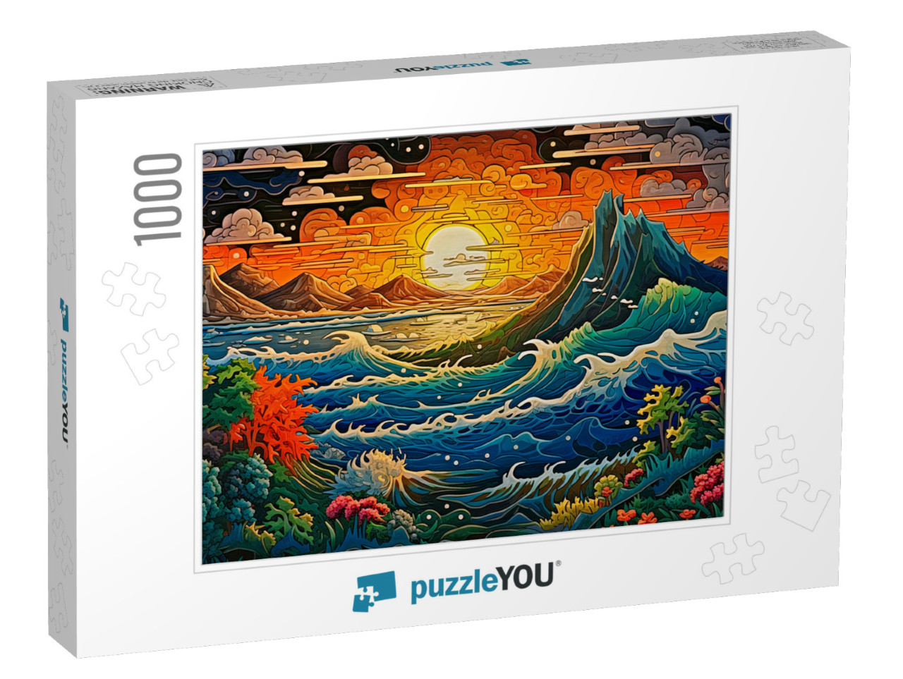 As the Sun Sets between the Mountains, the Choppy Sea Rages Jigsaw Puzzle with 1000 pieces