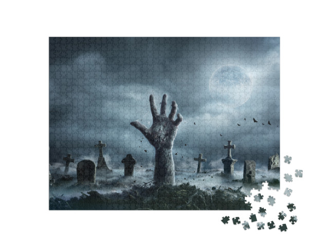 Zombie Hand Rising Out of a Graveyard in Spooky Night... Jigsaw Puzzle with 1000 pieces