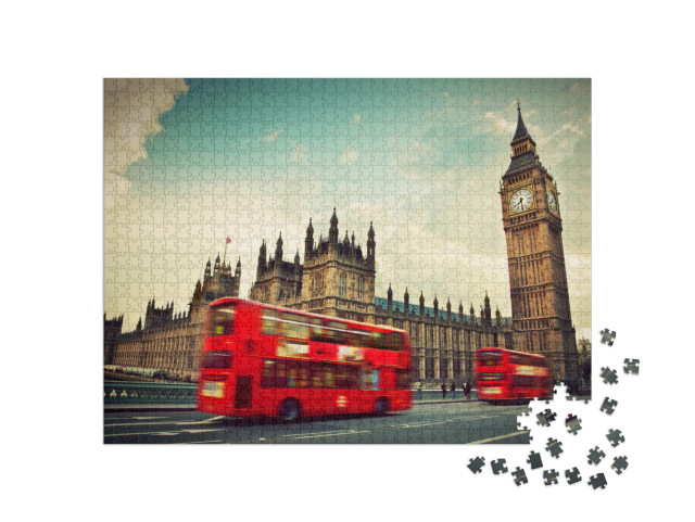 London, the Uk. Red Bus in Motion & Big Ben, the Palace o... Jigsaw Puzzle with 1000 pieces