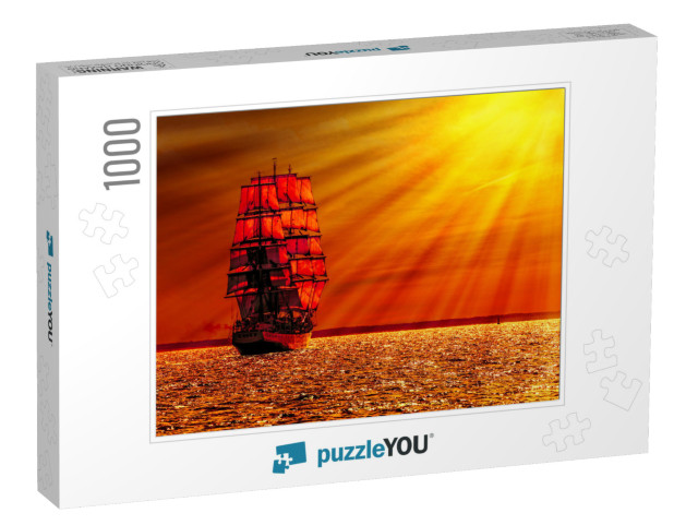 Sailing Ship on the Sea At Sunset Skyline... Jigsaw Puzzle with 1000 pieces