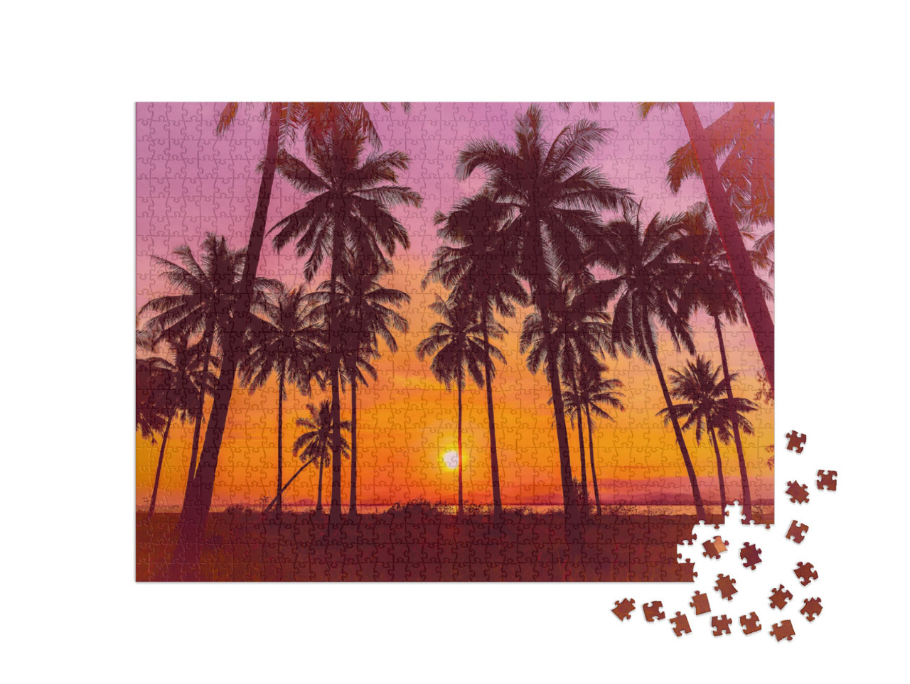 Silhouette Coconut Palm Trees on Beach At Sunset. Vintage... Jigsaw Puzzle with 1000 pieces