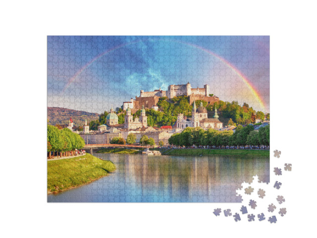 Austria, Rainbow Over Salzburg Castle... Jigsaw Puzzle with 1000 pieces