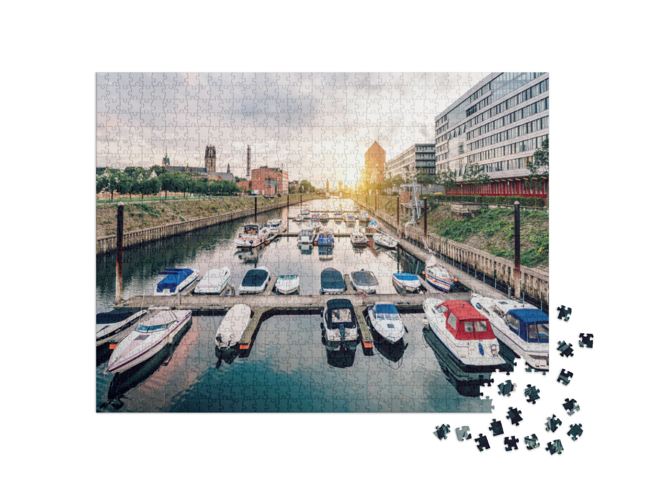 Duisburg Marina with Ships & Modern Buildings... Jigsaw Puzzle with 1000 pieces