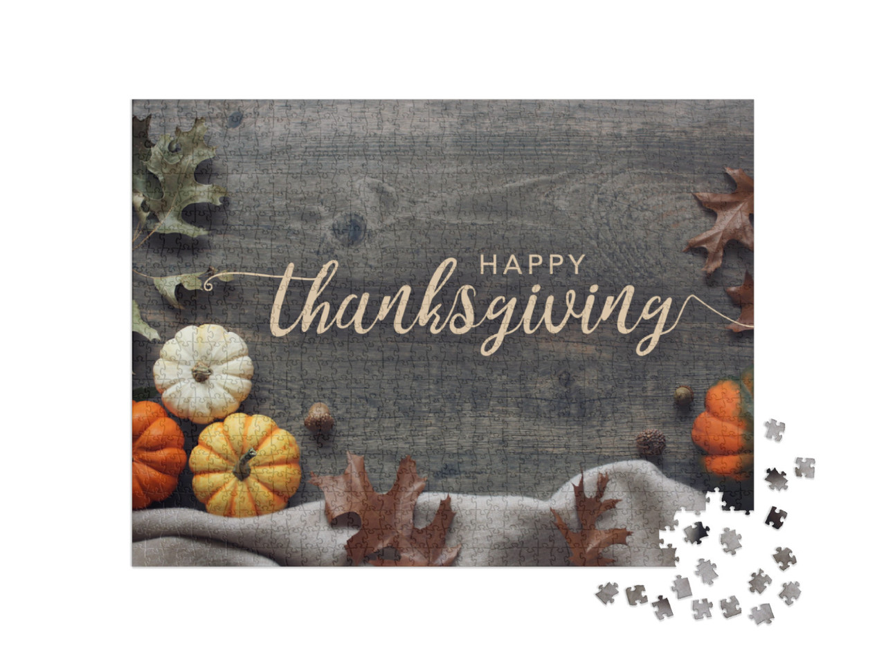 Happy Thanksgiving Script with Pumpkins & Leaves Over Dar... Jigsaw Puzzle with 1000 pieces