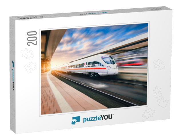 White Modern High Speed Train in Motion on Railway Statio... Jigsaw Puzzle with 200 pieces