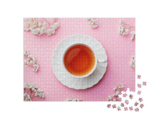 Cup of Tea with Fresh Flowers on Pink Background. Top Vie... Jigsaw Puzzle with 1000 pieces