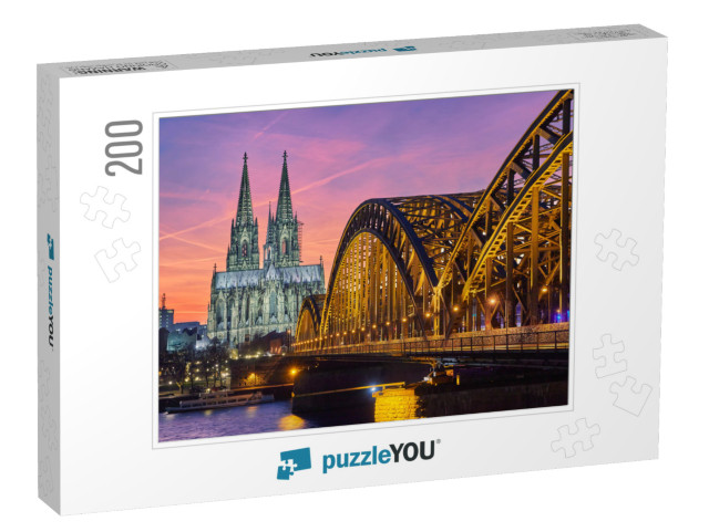 Cologne Cathedral & Hohenzollern Bridge At Sunset / Night... Jigsaw Puzzle with 200 pieces