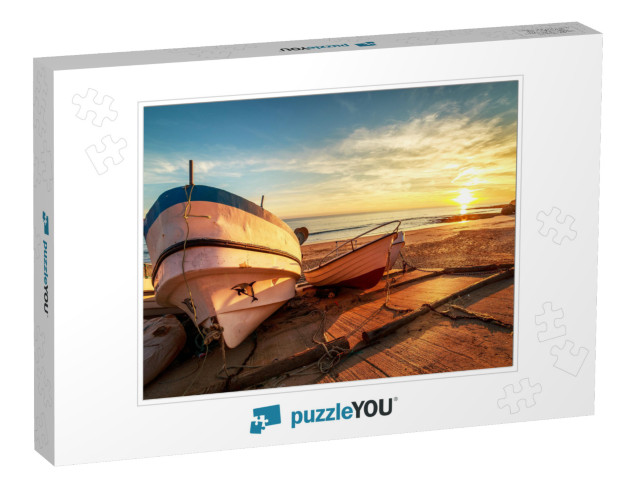 Wooden Fishing Boats in a Small Port on the Beach in Suns... Jigsaw Puzzle