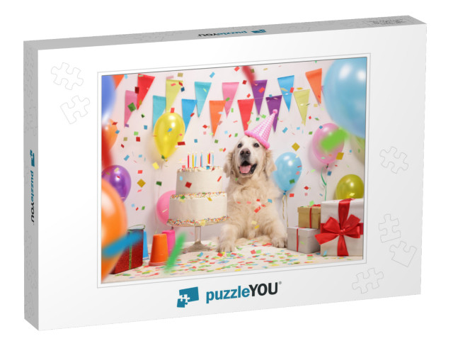 Labrador Retriever Dog with a Birthday Cake & a Party Hat... Jigsaw Puzzle