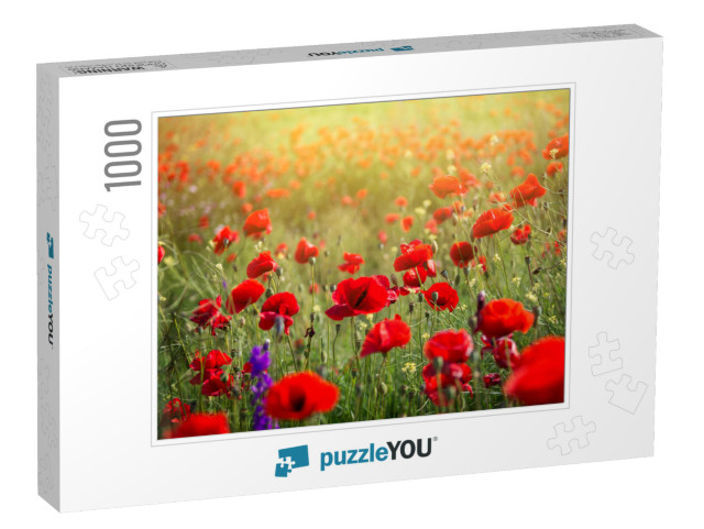 Vivid Poppy Field. Beautiful Red Poppy Flowers on Green F... Jigsaw Puzzle with 1000 pieces