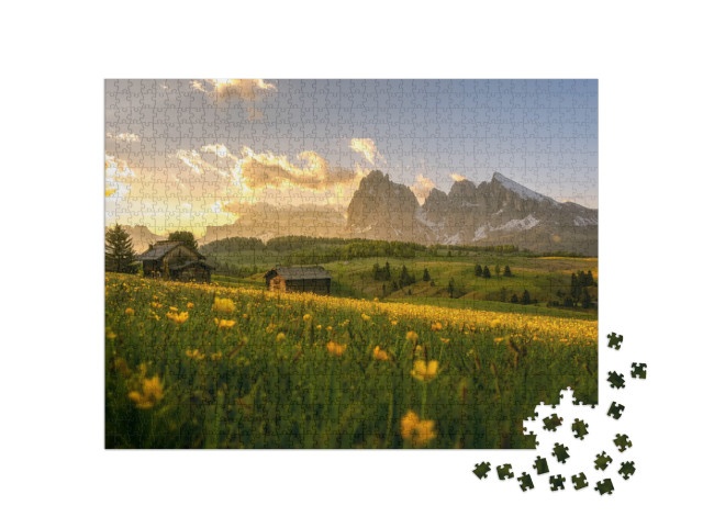 Dramatic Misty Fog with Rolling Flower & Green Grass Hill... Jigsaw Puzzle with 1000 pieces