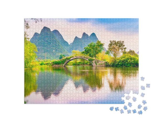 Landscape of Guilin, Ancient Bridge & Karst Mountains. Lo... Jigsaw Puzzle with 1000 pieces