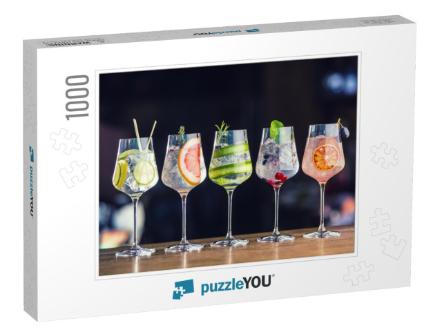 Five Colorful Gin Tonic Cocktails in Wine Glasses on Bar... Jigsaw Puzzle with 1000 pieces