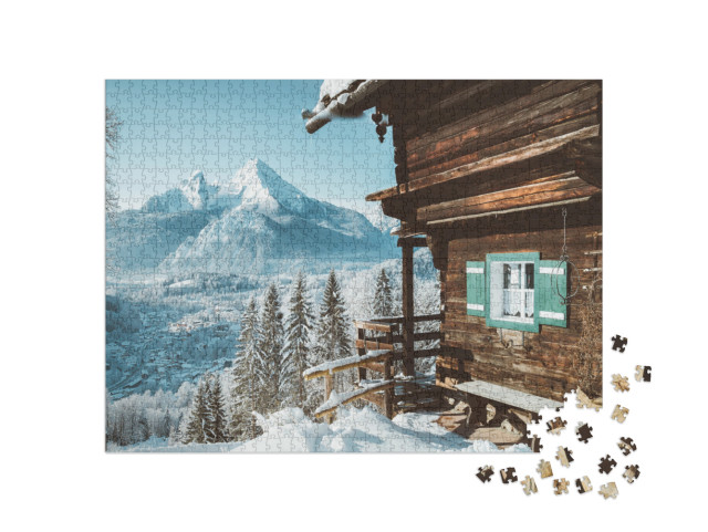 Idyllic View of Traditional Wooden Mountain Cabin in Scen... Jigsaw Puzzle with 1000 pieces