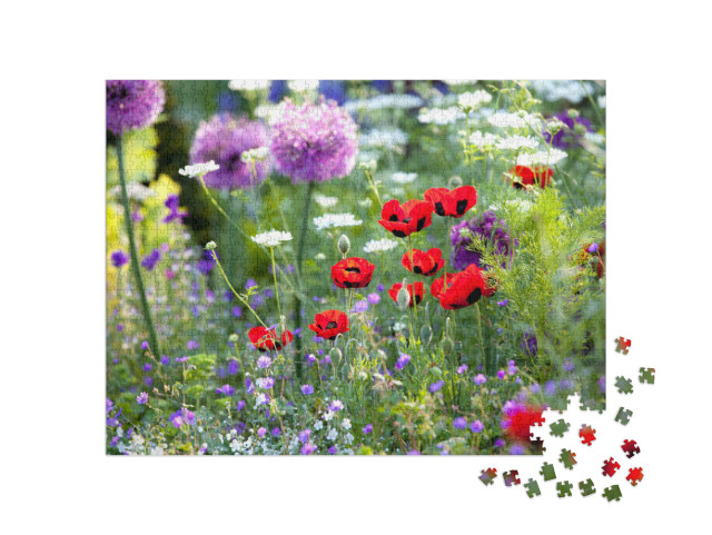 Wild Flower Garden with Poppies with Morning Sunlight... Jigsaw Puzzle with 1000 pieces