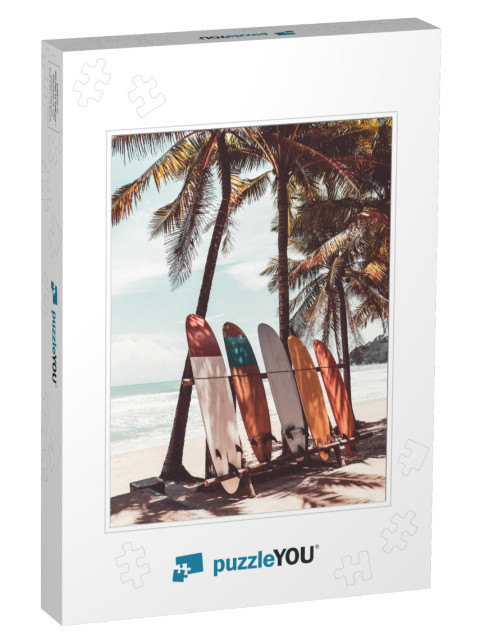 Surfboard & Palm Tree on Beach Background. Travel Adventu... Jigsaw Puzzle