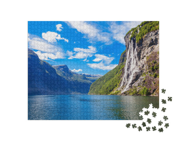 The Seven Sisters Waterfall Over Geirangerfjord, Located... Jigsaw Puzzle with 1000 pieces