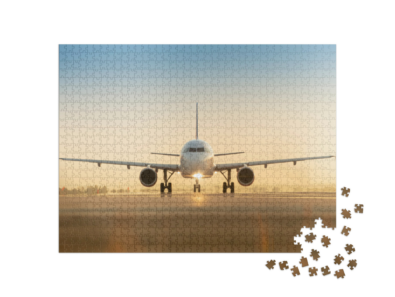 Sunset View of Airplane on Airport Runway Under Dramatic... Jigsaw Puzzle with 1000 pieces