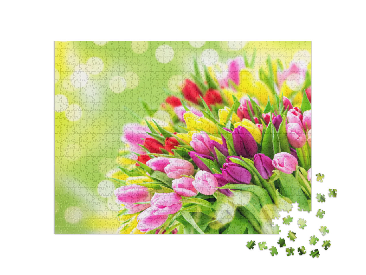 Fresh Spring Tulip Flowers Bouquet on Blurred Background... Jigsaw Puzzle with 1000 pieces