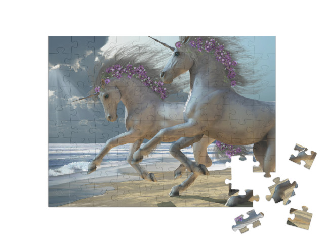 Playing Unicorns Part 2 - Two Beautiful White Unicorns Fr... Jigsaw Puzzle with 100 pieces