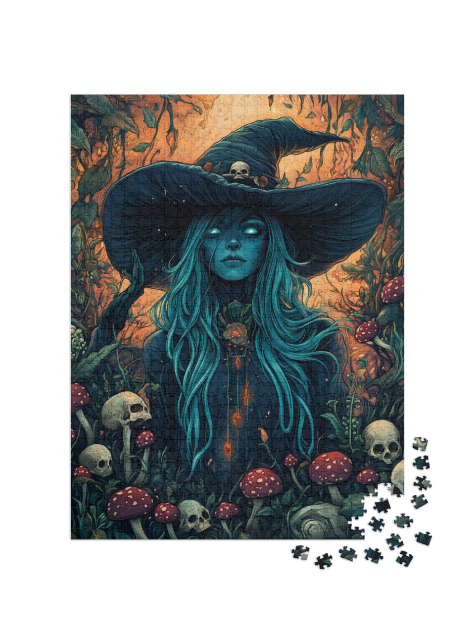 Witch in the middle of skulls Jigsaw Puzzle with 1000 pieces