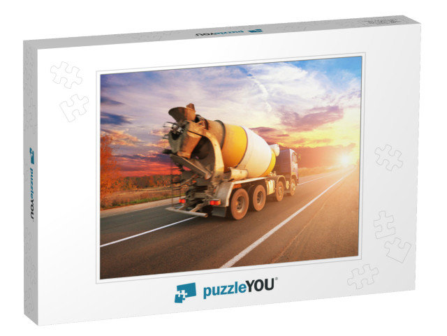 Blue Concrete Mixer Truck on the Countryside Road with Tr... Jigsaw Puzzle