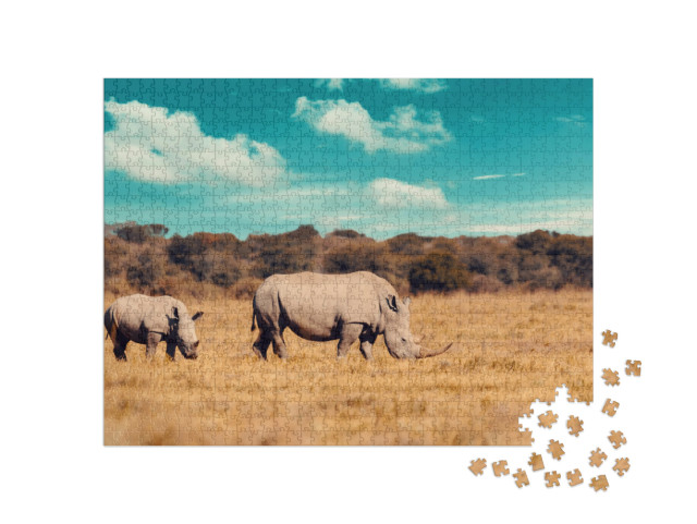 Rhino Family, Mother with Baby of White Rhinoceros Khama... Jigsaw Puzzle with 1000 pieces