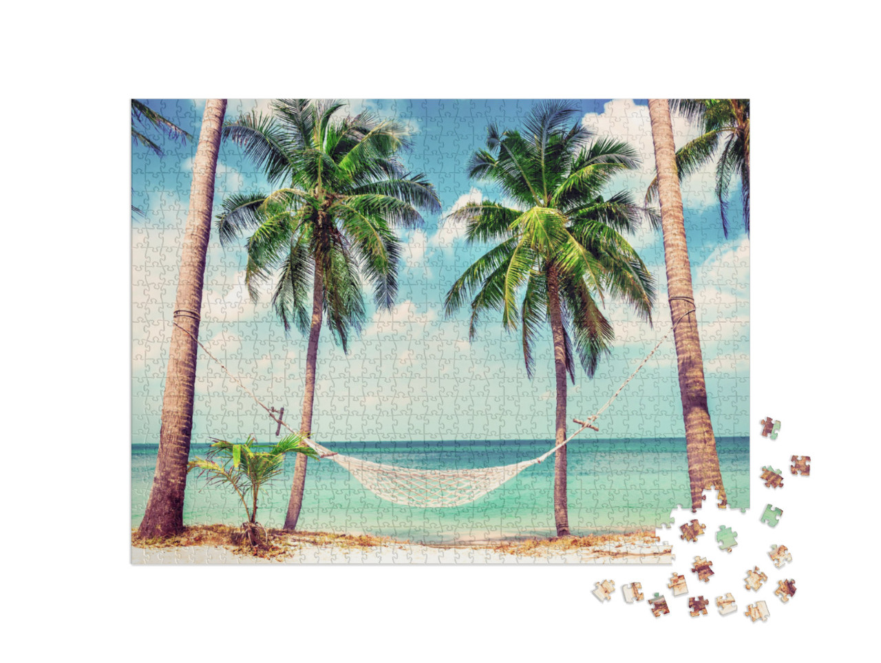 Beautiful Beach. Hammock Between Two Palm Trees on the Be... Jigsaw Puzzle with 1000 pieces